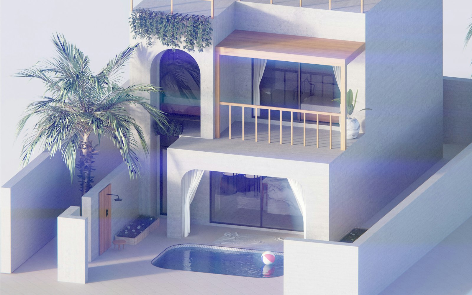 A white beachfront villa with a pool and palms
